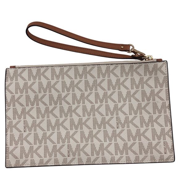 Michael Kors Cream Brown Signature Jet Set Zip Pouch Wristlet Purse Insert Bag - Picture 3 of 9